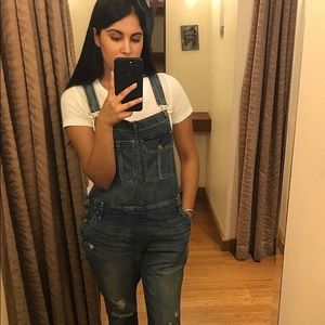 Distressed dark wash overalls